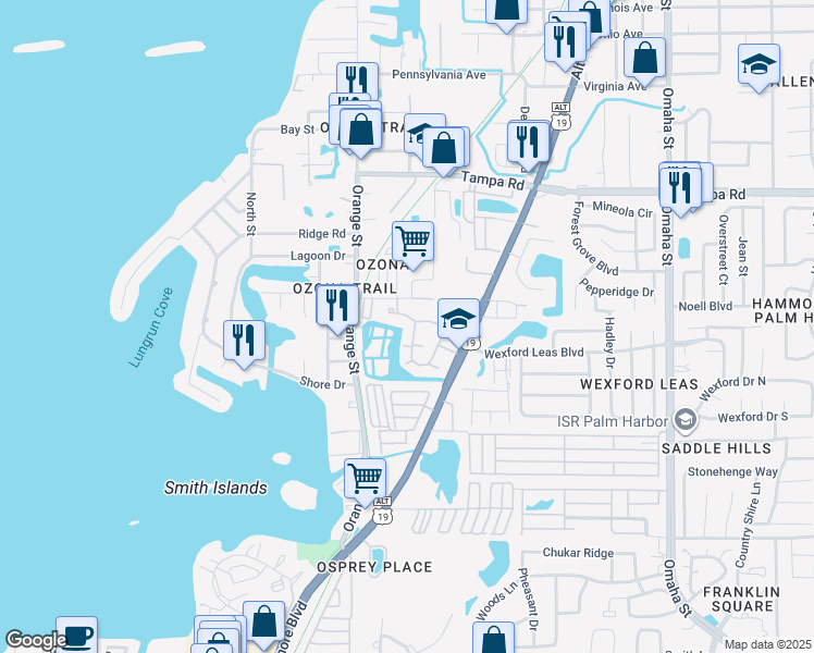 map of restaurants, bars, coffee shops, grocery stores, and more near U.S. 19 Alternate in Palm Harbor