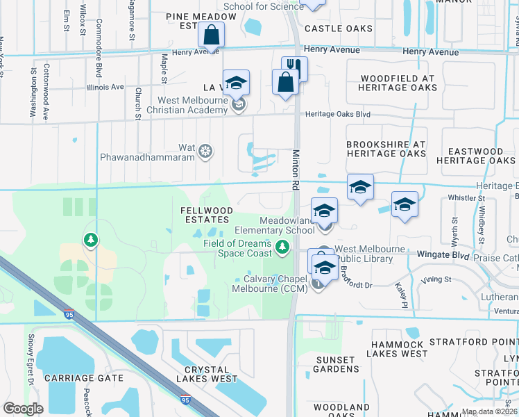 map of restaurants, bars, coffee shops, grocery stores, and more near 2827 Kilns Cir in West Melbourne