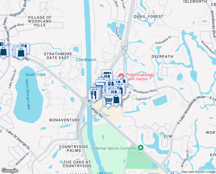 map of restaurants, bars, coffee shops, grocery stores, and more near 900 East Lake Road South in Palm Harbor