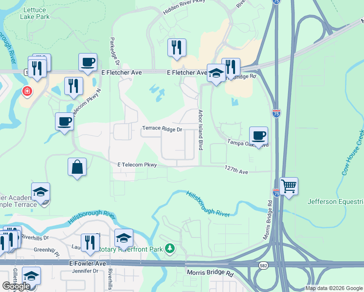 map of restaurants, bars, coffee shops, grocery stores, and more near 13013 Terrace Brook Place in Tampa