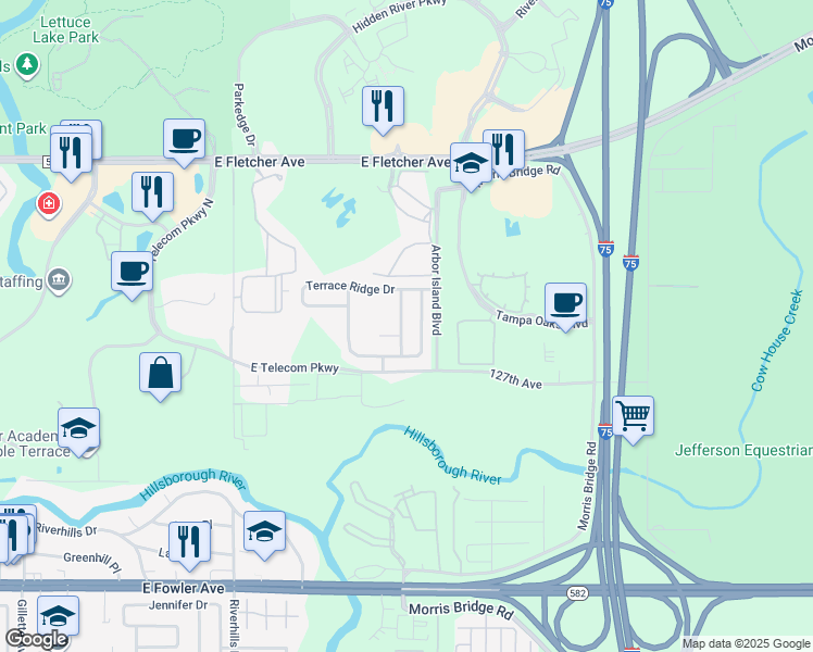 map of restaurants, bars, coffee shops, grocery stores, and more near 13013 Terrace Brook Place in Tampa