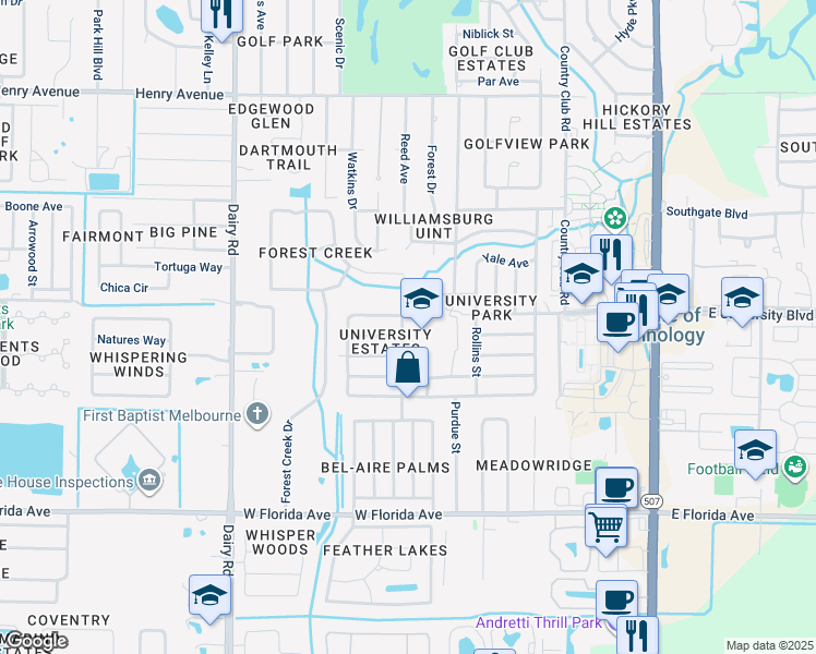 map of restaurants, bars, coffee shops, grocery stores, and more near 3115 Marshall Drive in Melbourne