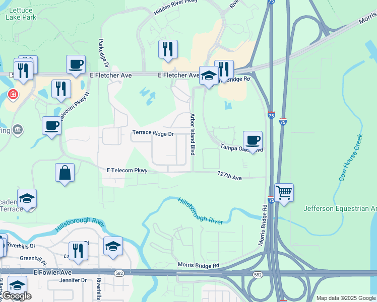 map of restaurants, bars, coffee shops, grocery stores, and more near 13039 Terrace Springs Drive in Temple Terrace