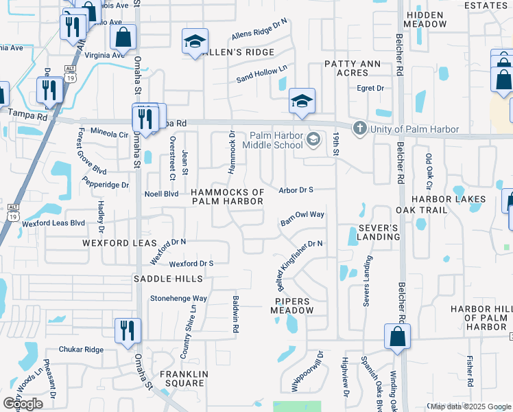 map of restaurants, bars, coffee shops, grocery stores, and more near 1667 Spottswood Circle in Palm Harbor