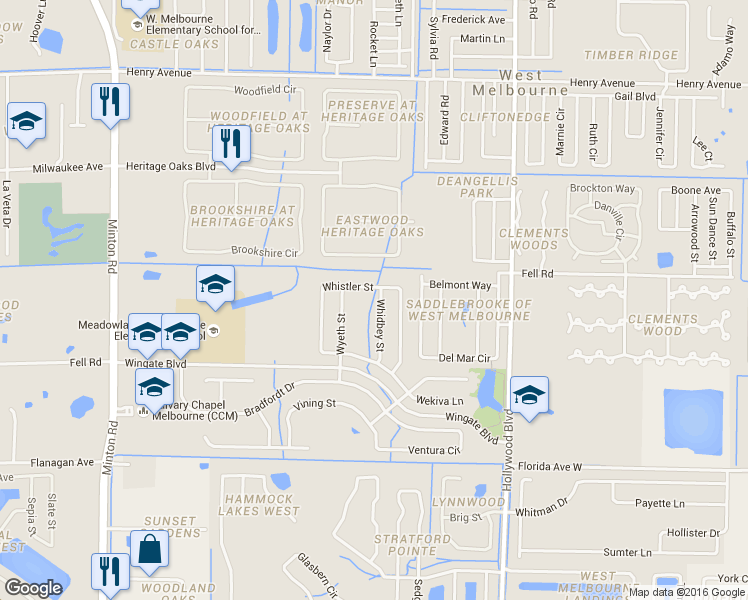 map of restaurants, bars, coffee shops, grocery stores, and more near 710 Whidbey Street in Melbourne