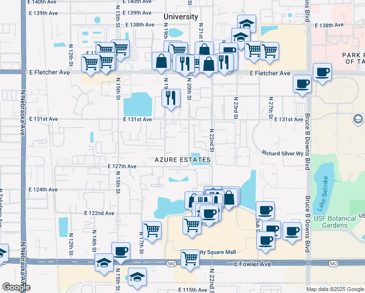 map of restaurants, bars, coffee shops, grocery stores, and more near 12726 North 20th Street in Tampa