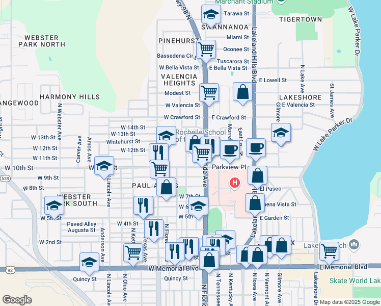 map of restaurants, bars, coffee shops, grocery stores, and more near 211 West 10th Street in Lakeland