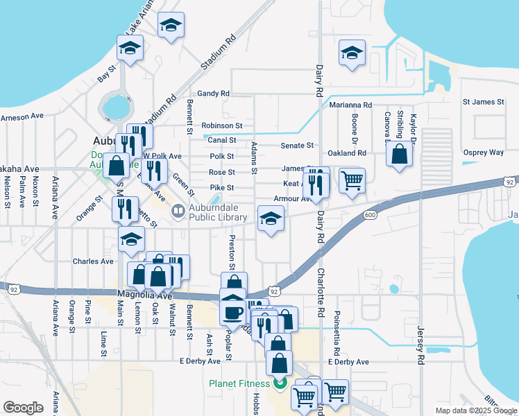 map of restaurants, bars, coffee shops, grocery stores, and more near 303 Camellia Lane in Auburndale