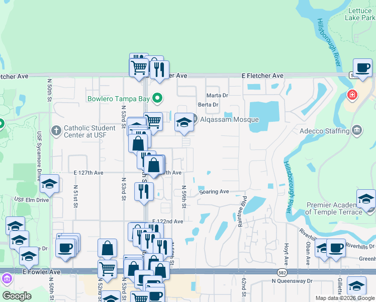 map of restaurants, bars, coffee shops, grocery stores, and more near 12827 Real Madrid Lane in Tampa