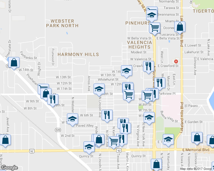 map of restaurants, bars, coffee shops, grocery stores, and more near 648 West 12th Street in Lakeland