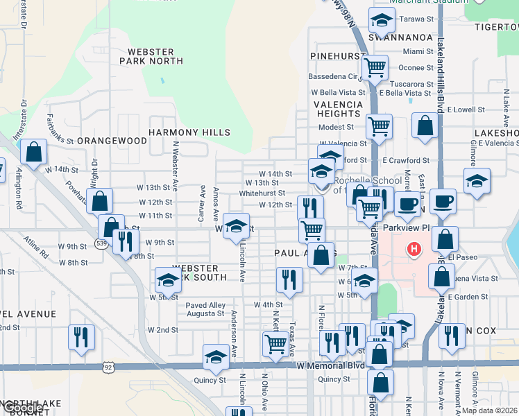 map of restaurants, bars, coffee shops, grocery stores, and more near 648 West 12th Street in Lakeland