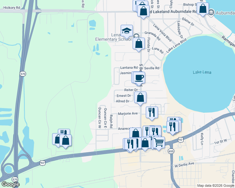 map of restaurants, bars, coffee shops, grocery stores, and more near 3025 Ernest Drive in Auburndale