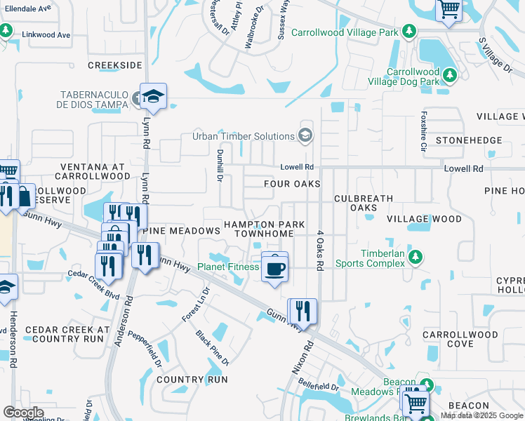 map of restaurants, bars, coffee shops, grocery stores, and more near 12659 Castle Hill Drive in Tampa