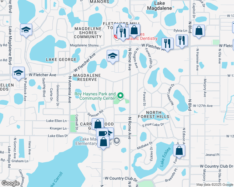 map of restaurants, bars, coffee shops, grocery stores, and more near 1905 South Village Avenue in Tampa