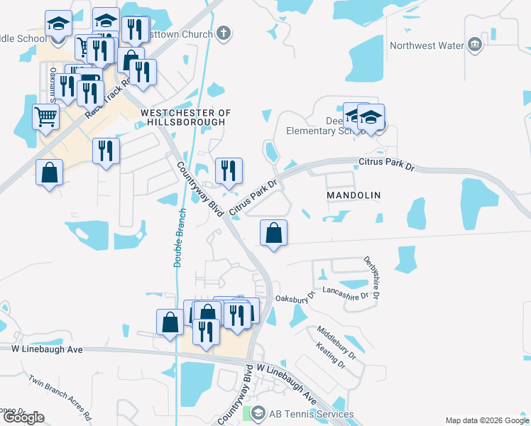 map of restaurants, bars, coffee shops, grocery stores, and more near 11135 Windsor Place Circle in Tampa
