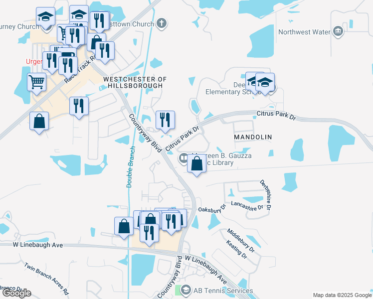 map of restaurants, bars, coffee shops, grocery stores, and more near 11135 Windsor Place Circle in Tampa