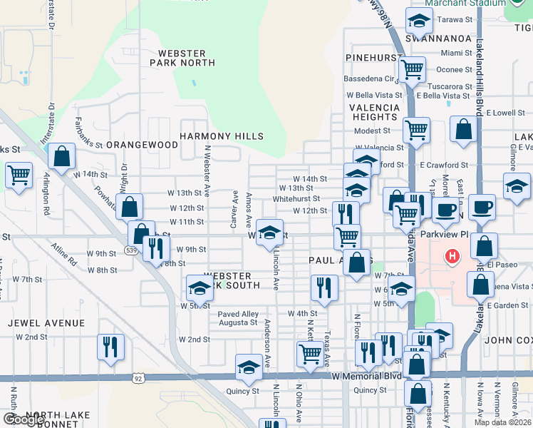 map of restaurants, bars, coffee shops, grocery stores, and more near 1429 Lotela Ave in Lakeland