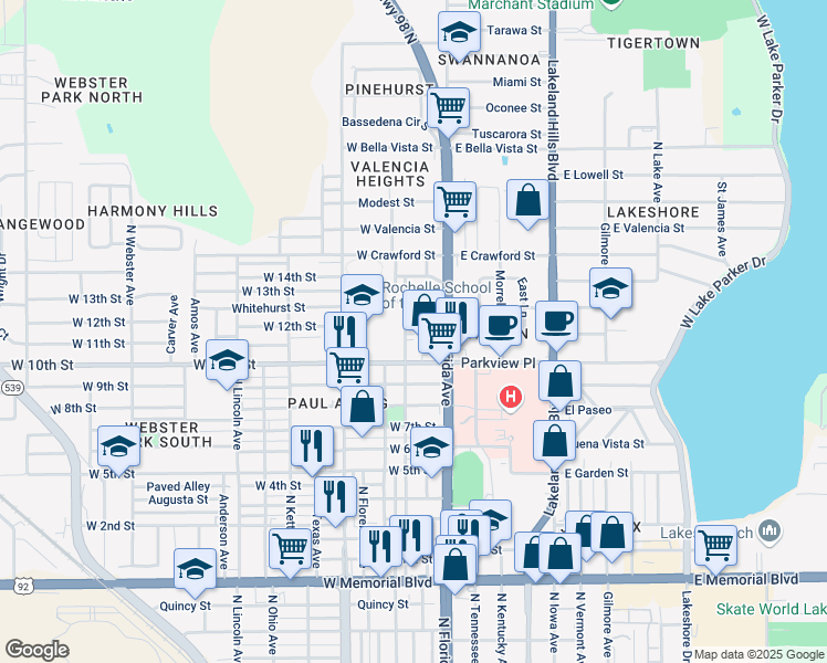 map of restaurants, bars, coffee shops, grocery stores, and more near 211 West 10th Street in Lakeland