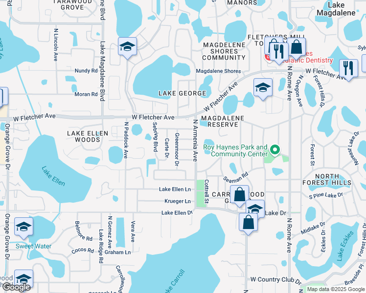 map of restaurants, bars, coffee shops, grocery stores, and more near 2507 Thornbrook Place in Tampa