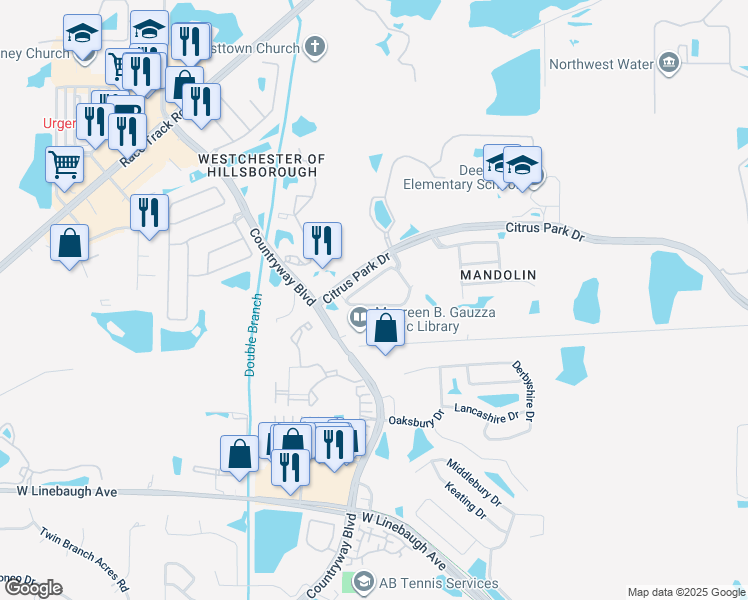 map of restaurants, bars, coffee shops, grocery stores, and more near 11135 Windsor Place Circle in Tampa