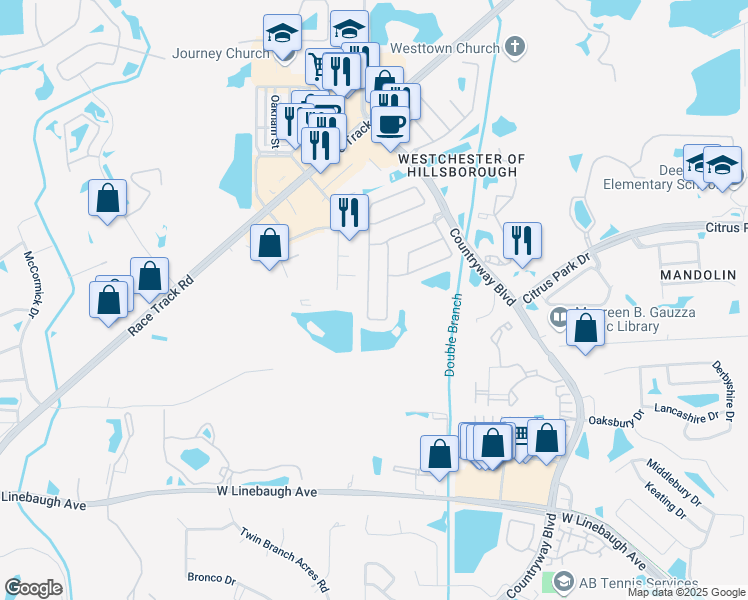 map of restaurants, bars, coffee shops, grocery stores, and more near 11230 Cypress Reserve Drive in Tampa