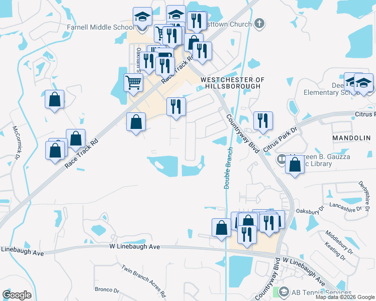 map of restaurants, bars, coffee shops, grocery stores, and more near 11230 Cypress Reserve Drive in Tampa