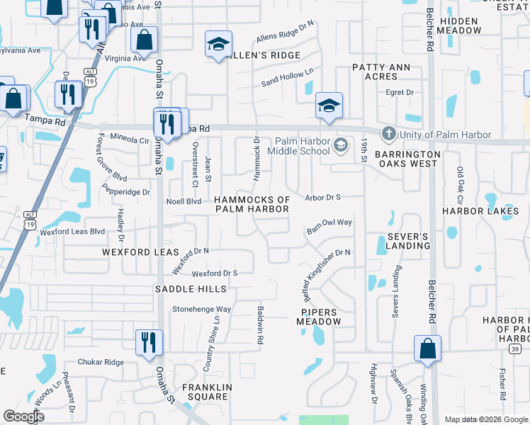 map of restaurants, bars, coffee shops, grocery stores, and more near 1591 Spottswood Circle in Palm Harbor