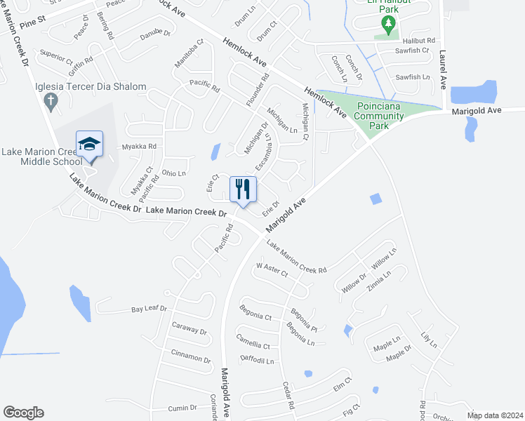 map of restaurants, bars, coffee shops, grocery stores, and more near 312 Erie Lane in Poinciana