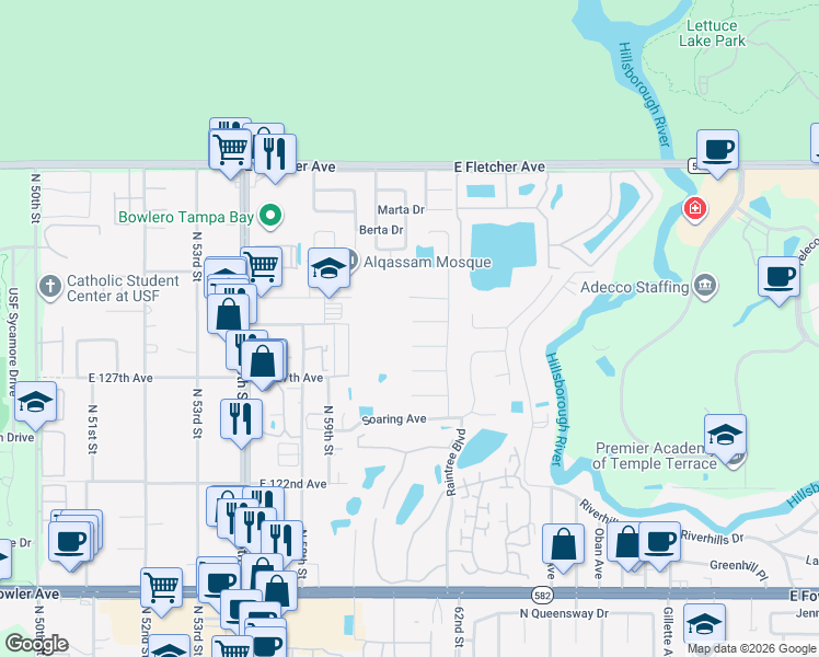 map of restaurants, bars, coffee shops, grocery stores, and more near 6101 Rain Hollow Court in Tampa