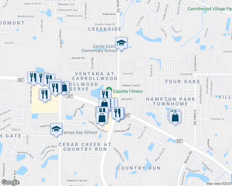 map of restaurants, bars, coffee shops, grocery stores, and more near 12802 Pacifica Place in Tampa