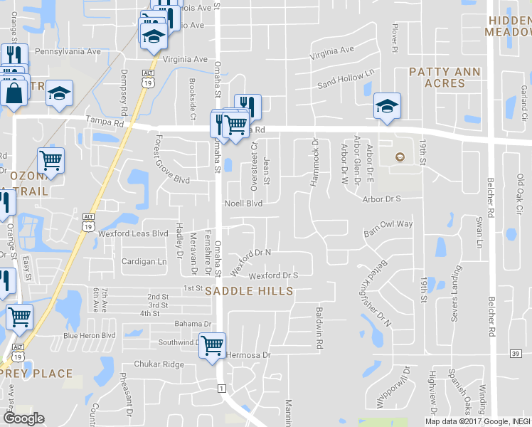 map of restaurants, bars, coffee shops, grocery stores, and more near 1359 Tenby Way in Palm Harbor