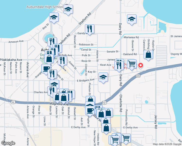 map of restaurants, bars, coffee shops, grocery stores, and more near 210 Kay Street in Auburndale