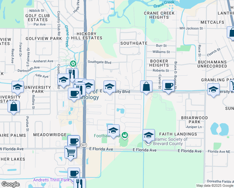 map of restaurants, bars, coffee shops, grocery stores, and more near 325 East University Boulevard in Melbourne