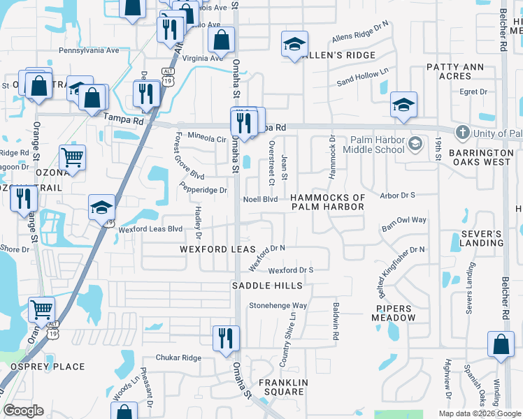 map of restaurants, bars, coffee shops, grocery stores, and more near 1327 Tenby Way in Palm Harbor