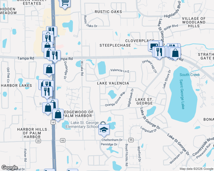 map of restaurants, bars, coffee shops, grocery stores, and more near 2853 Lake Valencia Boulevard West in Palm Harbor
