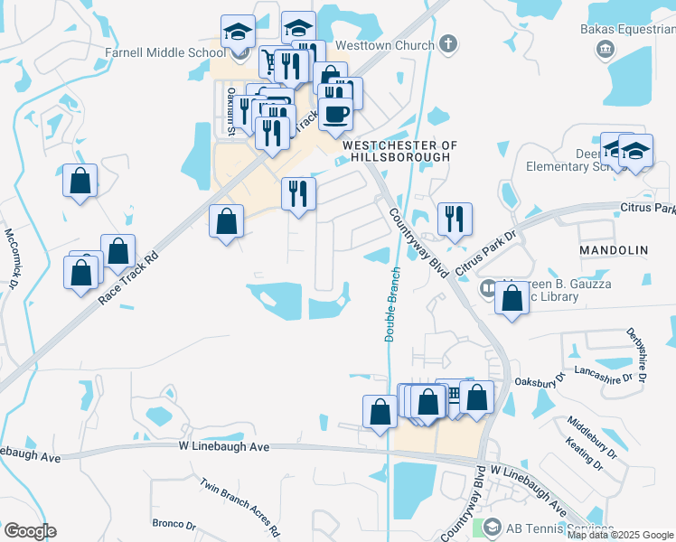 map of restaurants, bars, coffee shops, grocery stores, and more near 11230 Cypress Reserve Drive in Tampa