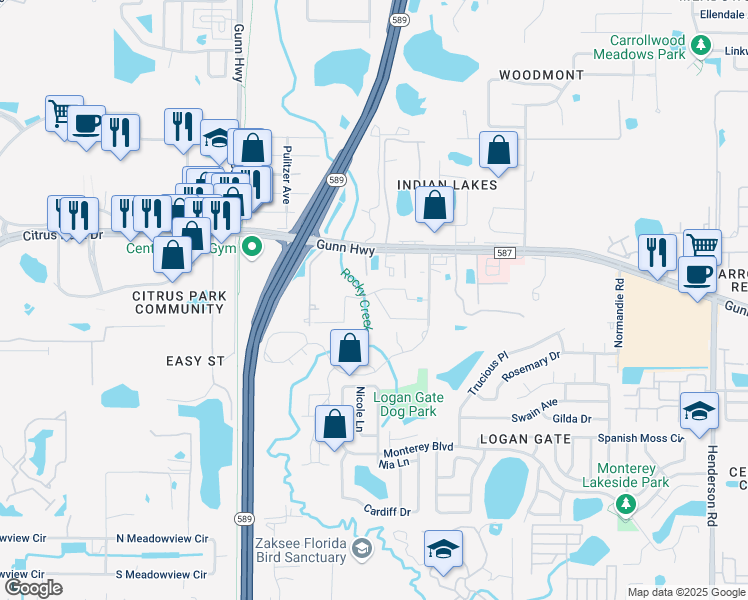 map of restaurants, bars, coffee shops, grocery stores, and more near 6732 Rocky Park Street in Tampa
