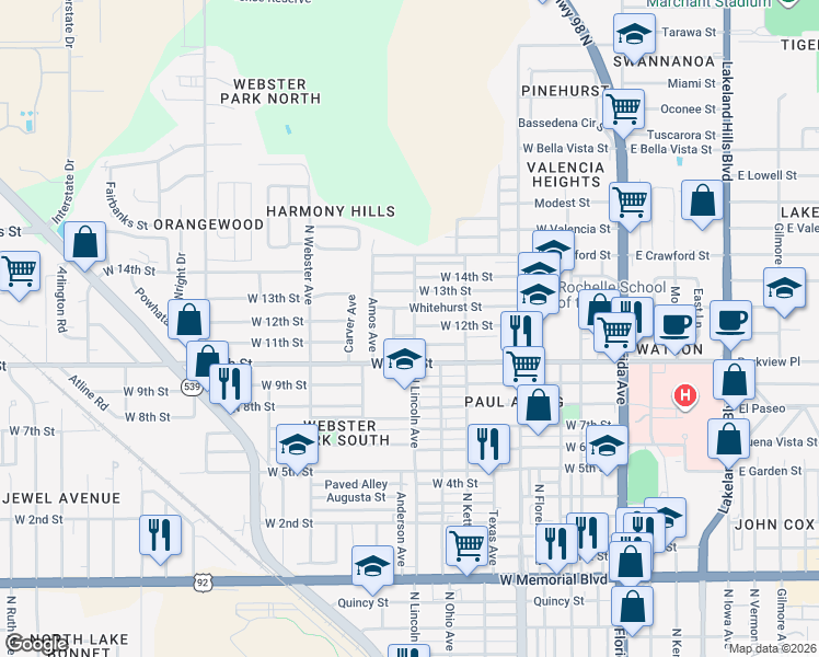 map of restaurants, bars, coffee shops, grocery stores, and more near in Lakeland