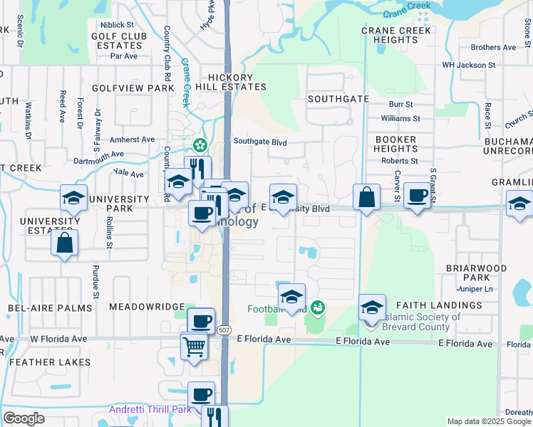 map of restaurants, bars, coffee shops, grocery stores, and more near 151 East University Boulevard in Melbourne