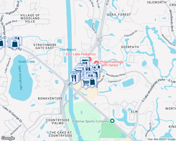 map of restaurants, bars, coffee shops, grocery stores, and more near 900 East Lake Road South in Palm Harbor