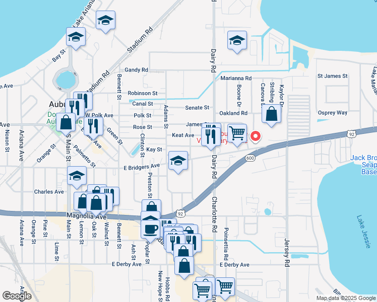 map of restaurants, bars, coffee shops, grocery stores, and more near 226 Hibiscus Drive in Auburndale