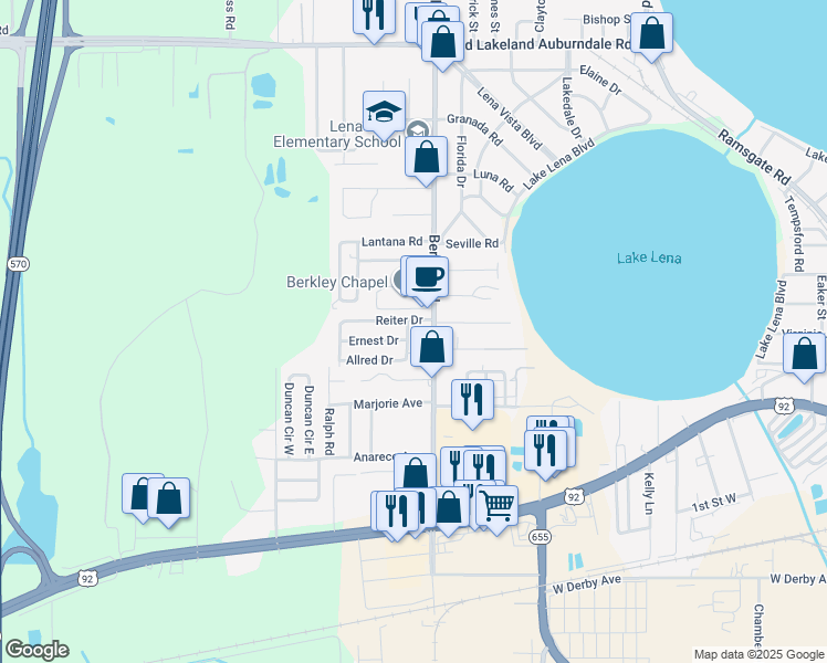 map of restaurants, bars, coffee shops, grocery stores, and more near 3011 Ernest Drive in Auburndale