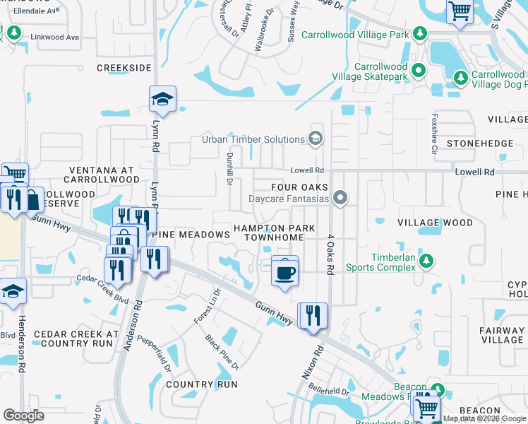 map of restaurants, bars, coffee shops, grocery stores, and more near 12659 Castle Hill Drive in Tampa