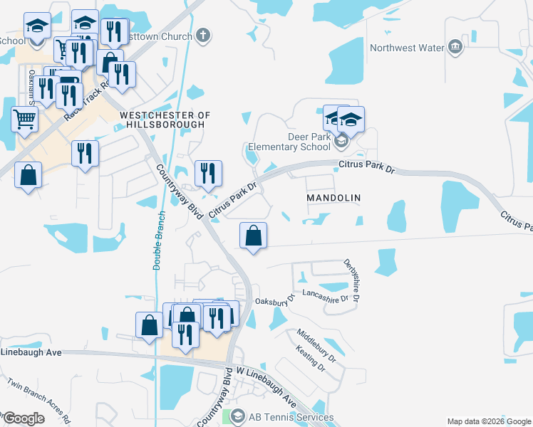map of restaurants, bars, coffee shops, grocery stores, and more near 11077 Windsor Place Circle in Tampa