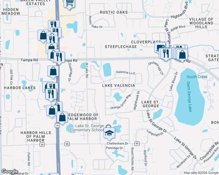 map of restaurants, bars, coffee shops, grocery stores, and more near 2853 Lake Valencia Boulevard West in Palm Harbor