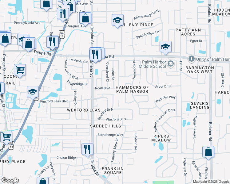 map of restaurants, bars, coffee shops, grocery stores, and more near 1359 Tenby Way in Palm Harbor