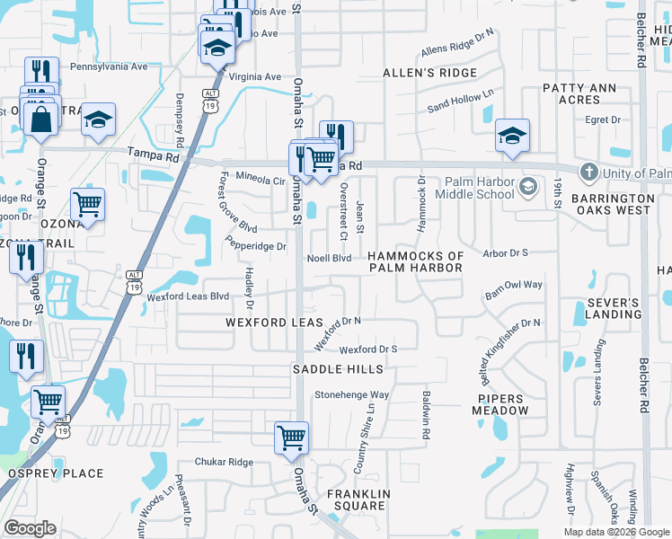 map of restaurants, bars, coffee shops, grocery stores, and more near 1327 Tenby Way in Palm Harbor