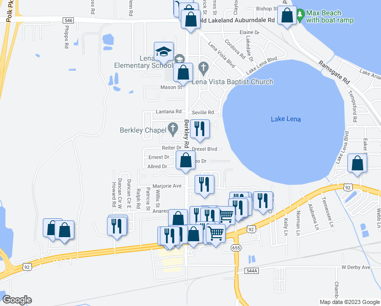 map of restaurants, bars, coffee shops, grocery stores, and more near 534 Berkley Road in Auburndale