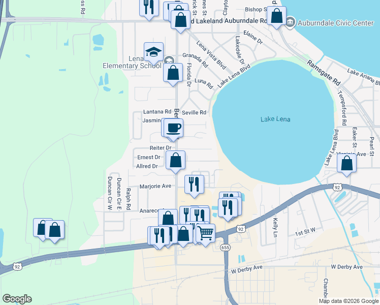 map of restaurants, bars, coffee shops, grocery stores, and more near 2223 Drexel Boulevard in Auburndale