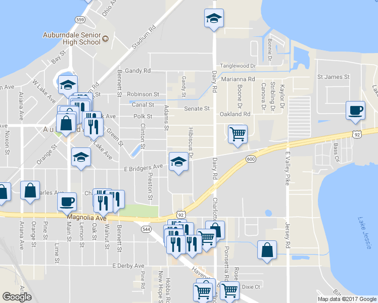 map of restaurants, bars, coffee shops, grocery stores, and more near 226 Hibiscus Drive in Auburndale